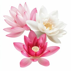 Three lotus blossoms, pink, white, isolated.