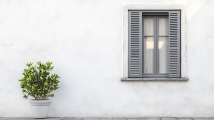 Fototapeta premium Serene Window and Plant on White Wall - A tranquil scene featuring a closed window with roller shutters, a potted plant, and a whitewashed wall. Symbolizes peace, simplicity, home, nature, and serenit