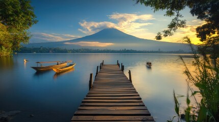 Fototapeta premium Serene Sunrise Lake View With Wooden Dock And Boats
