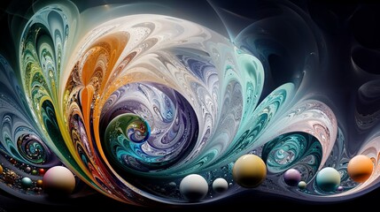 Abstract swirling patterns with vibrant colors and floating spheres against a cosmic background