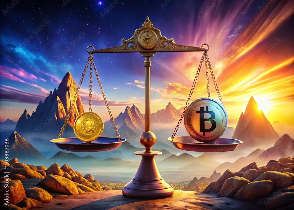 Poster surreal 3d illustration balancing bitcoin and rupee on a scale in a dreamlike landscape with vivid c