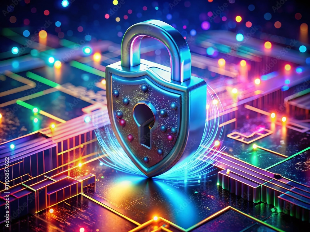 Poster surreal 3d security lock and shield concept for online security and data protection imagery