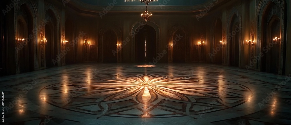 Poster vast empty ballroom with intricate and mesmerizing patterns on the floor glowing faintly in the dark