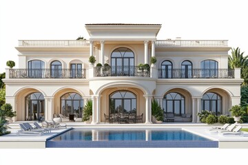 Fototapeta premium Grand mansion, pool, classic architecture, luxury.