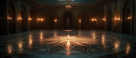 Vast empty ballroom with intricate and mesmerizing patterns on the floor glowing faintly in the dark  The grand and lavish interior evokes a sense of grandeur mystery and captivating ambiance