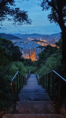 A Scenic View of a City at Dusk from a Hilltop Surrounded by Lush Greenery and Stairs