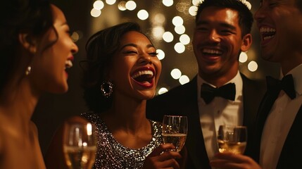A group of friends dressed up for a New Year's Eve party, laughing, toasting, and celebrating together.