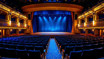 Elegant cruise ship theater with plush blue seating, a starry stage backdrop, and soft lighting, set for a memorable performance.






