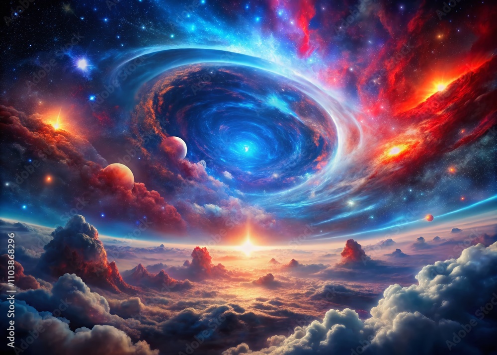 Poster surreal abstract cosmic entities emitting vibrant blue and red energies, creating a mystical univers