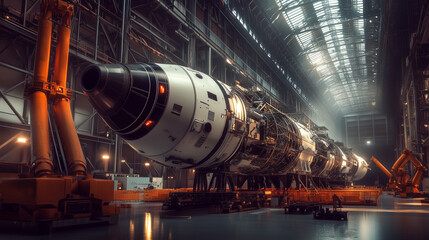 Naklejka premium Rocket assembly facility interior showcasing advanced technology and precision engineering, where skilled technicians meticulously construct and test spacecraft components