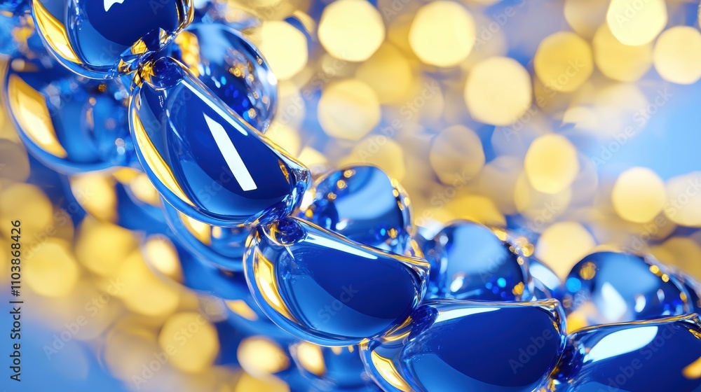 Poster a vibrant close-up of blue droplets shining against a soft, blurred golden background, creating a dy