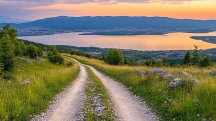 Serene sunset over lake and winding road.