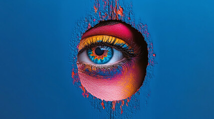 A female eye in vibrant colors peering through a keyhole, with a contrasting blank background