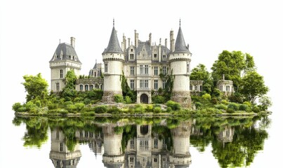 Obraz premium Stone castle, island setting, water reflection.
