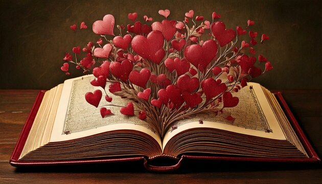 old book with red heart illustrations over pages hearts valentine valentines valentine's day love message pop out effect pop-out above 
