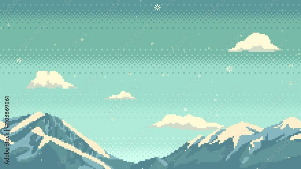 Poster pixel art animation of background with snow capped mountains, moving clouds and falling snowflakes. 