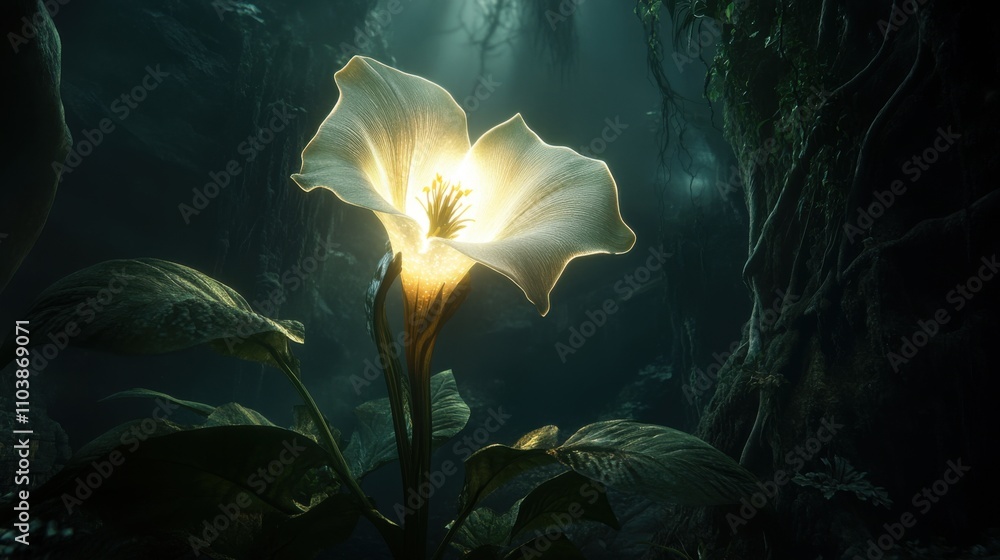 Poster ethereal flower illuminated by soft glow in enchanted forest with lush greenery and mysterious backg