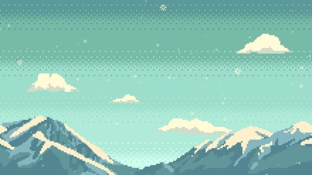 Pixel art animation of background with snow capped mountains, moving clouds and falling snowflakes. Animated seamless loop of retro video game landscape.