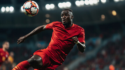 A footballer performing a trick or skill move, showcasing agility and finesse