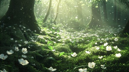 Enchanted Forest Meadow with Delicate White Flowers