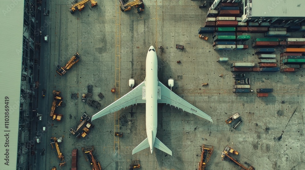 Poster aerial view of a large airplane on a busy runway surrounded by cargo containers and service vehicles