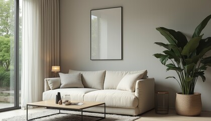This tranquil living room exudes a sense of calm with its soft beige sofa and minimalist decor, bathed in natural light from the large windows. A lush green plant adds a touch of nature, while the