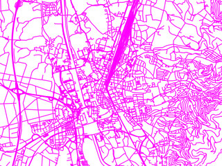 Neon Style Road Map overlay of Offenburg, Germany in in Bright Pink.