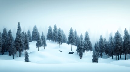 Fototapeta premium Winter landscape with snow-covered pine trees in a serene forest environment. Soft fog envelops the background, creating a tranquil and calm atmosphere, enhancing the sense of solitude.