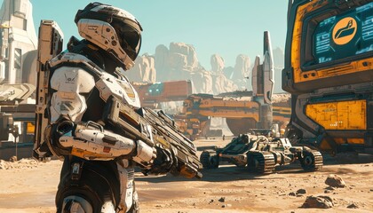 Fototapeta premium A futuristic soldier stands in a desert landscape, equipped with advanced armor and weaponry, in a scene filled with sci-fi vehicles and structures.
