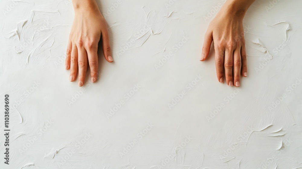 Poster paper join us. hands positioned symmetrically on a textured white surface.