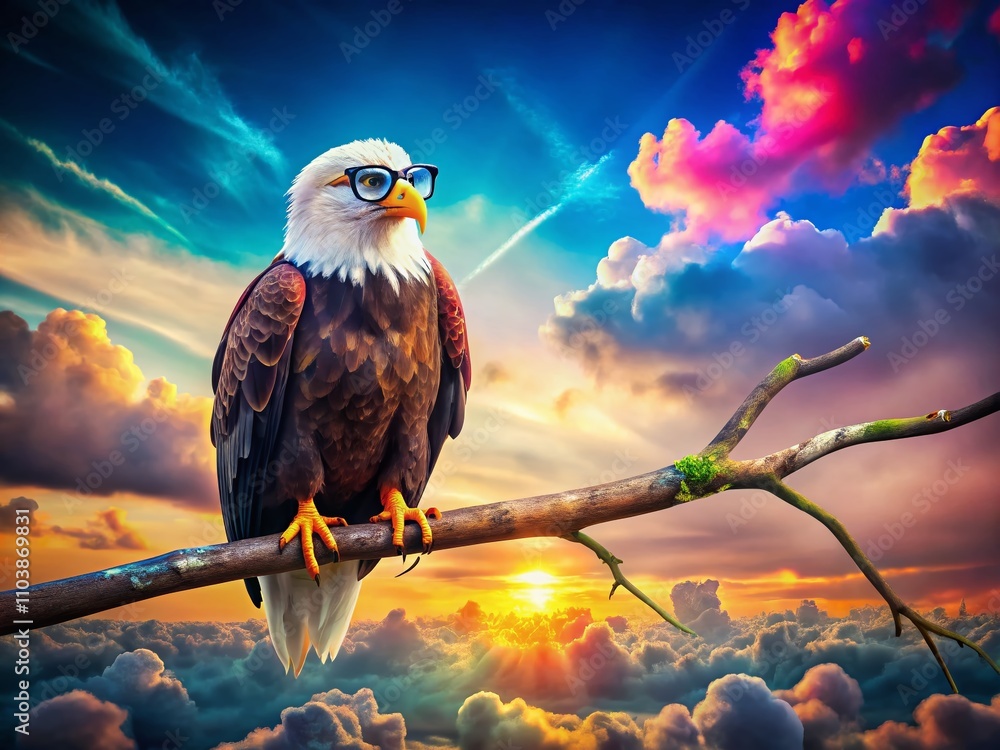 Poster surreal bald eagle with glasses: a creative fusion of nature and imagination capturing the quirky es