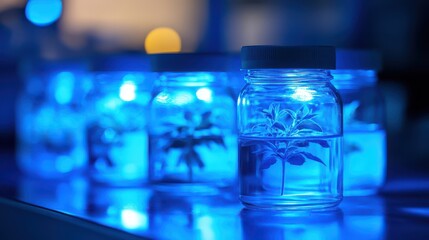 Transparent glass jars containing small green plants illuminated by blue lights, showcasing a serene and futuristic indoor growing environment for botanical studies.
