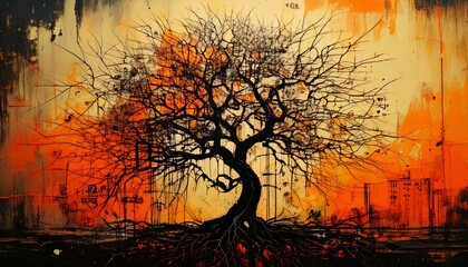 a tree without leaves on grunge background orange black cream punk graffiti card oil painting modern art roots and branches