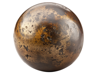 Cut out image of an aged steel ball highlighting its unique texture. Rustic steel ball with a worn surface, PNG file isolated on background.