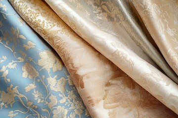 Embroidered silk fabric in blue and gold tones.
