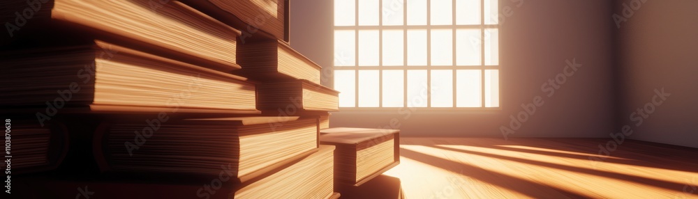 Poster a cozy corner with stacked books and soft sunlight filtering through a window, creating a warm and i
