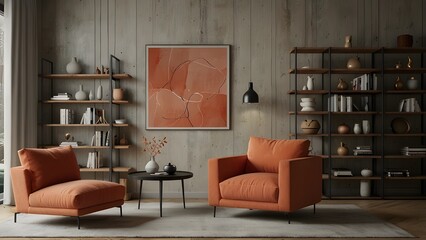 Modern living room with coral armchair and minimalist shelving, abstract art on the walls. Minimalist, japandi style interior design.