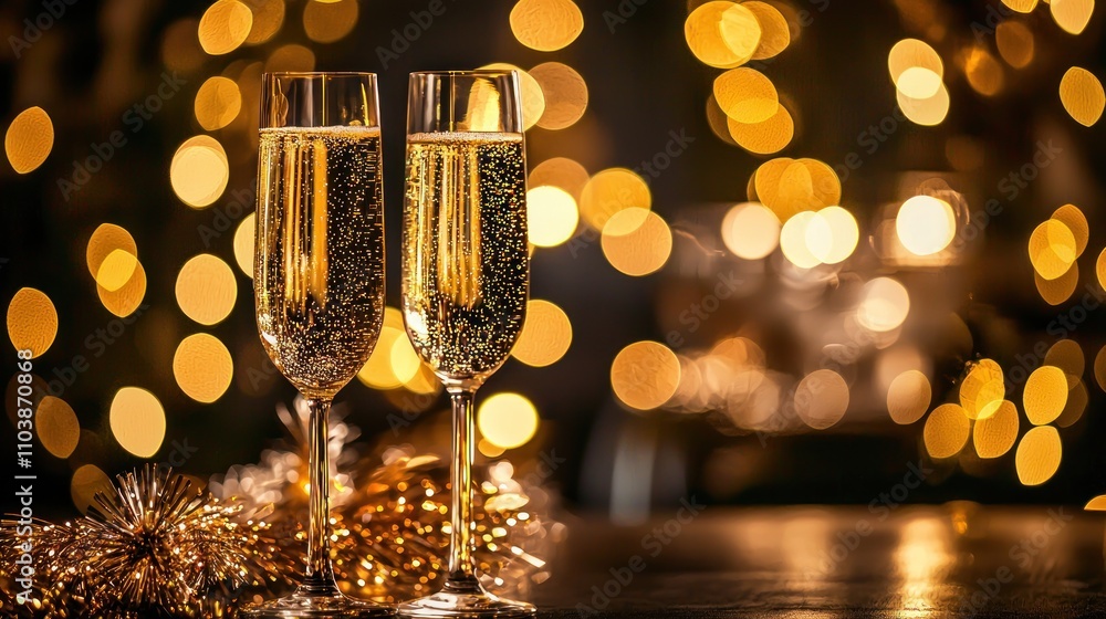 Poster a dark, moody new year's eve background with golden sparkles and bokeh lights, creating an elegant a