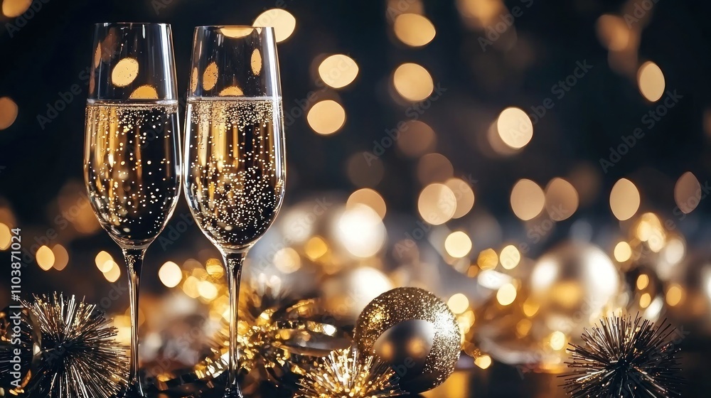 Poster a dark, moody new year's eve background with golden sparkles and bokeh lights, creating an elegant a