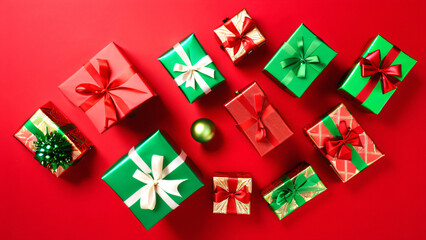 Red and green presents with ribbons, surrounded by ornaments on a vibrant red background, evoke a joyful holiday atmosphere.