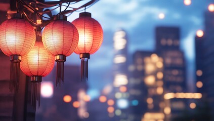 A serene night scene featuring glowing lanterns against a city backdrop.