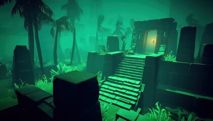 A mysterious temple emerges from dense fog, surrounded by palm trees and stone structures, evoking an atmosphere of ancient exploration.