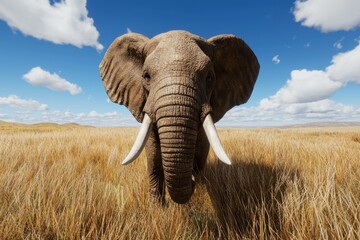 A majestic elephant stands in golden grass under a blue sky, showcasing its impressive tusks and the beauty of nature.