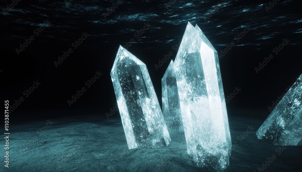 Poster a serene underwater scene showcasing large, crystalline formations illuminated by subtle light, crea
