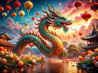 Fototapeta premium Surreal Celebration of the 2024 Chinese New Year Featuring a Majestic Dragon Zodiac Amidst Vibrant Festivities and Dreamlike Landscapes for a Unique Cultural Experience