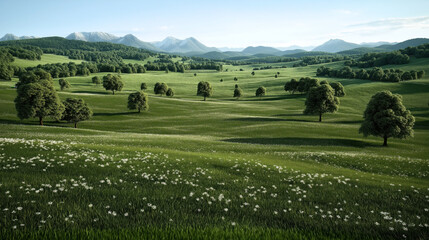 Expansive green field with scattered trees and wildflowers, set against a backdrop of rolling hills and distant mountains under a clear blue sky.