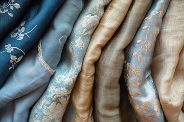 Embroidered silk fabric in blue and gold tones.
