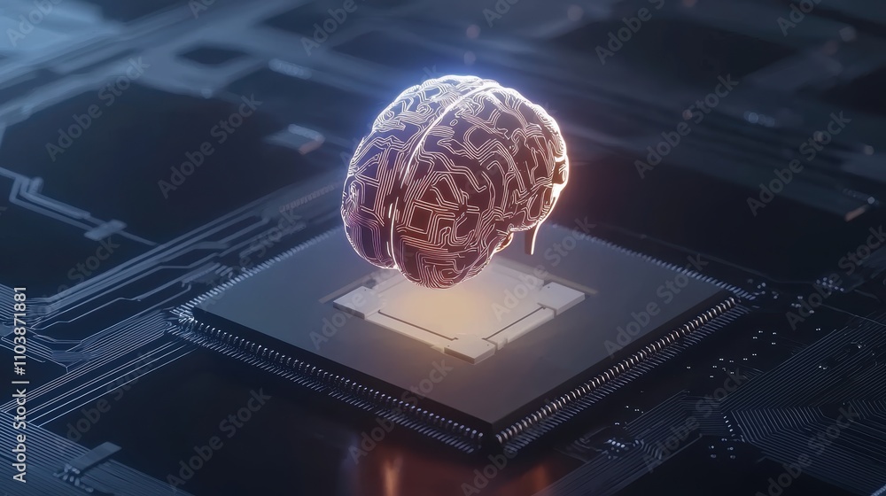 Poster a digital brain hologram sits atop a microchip, symbolizing the fusion of artificial intelligence an