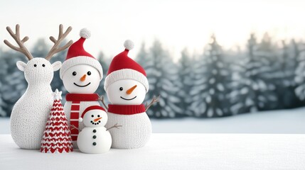 A festive winter scene featuring cute snowmen, a reindeer, and a Christmas tree, all adorned with red and white decorations against a snowy backdrop.