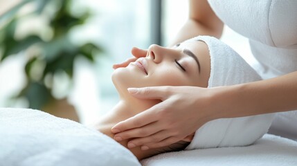 Fototapeta premium Close-up of a facial massage procedure in a bright spa room with soft natural lighting modern minimalistic setting